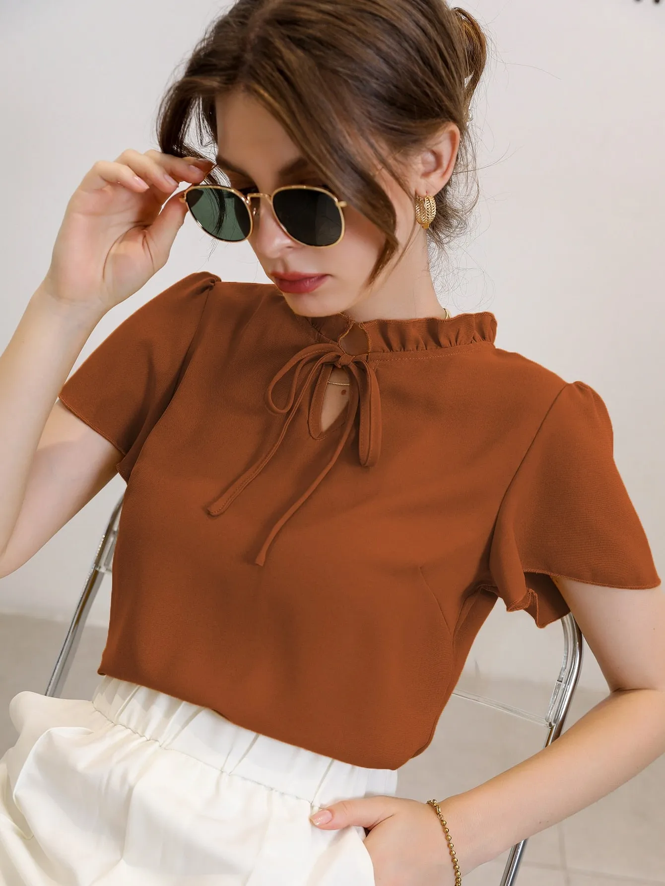 Tie Neck Puff Sleeve Blouse