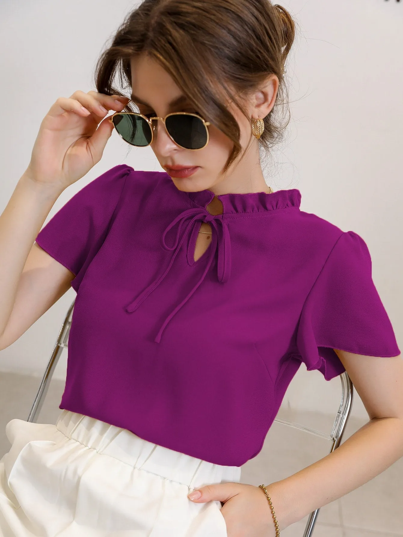 Tie Neck Puff Sleeve Blouse
