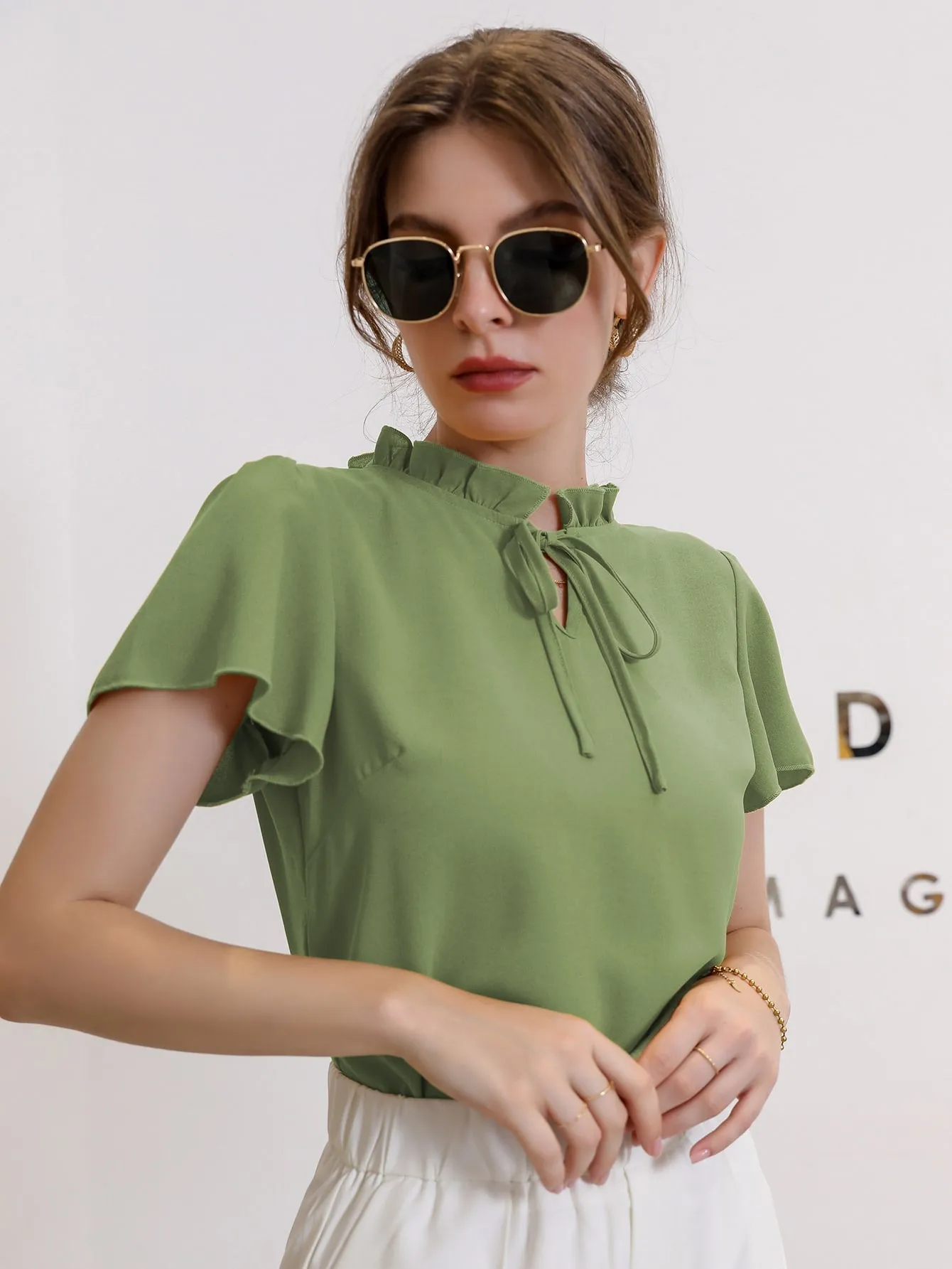 Tie Neck Puff Sleeve Blouse
