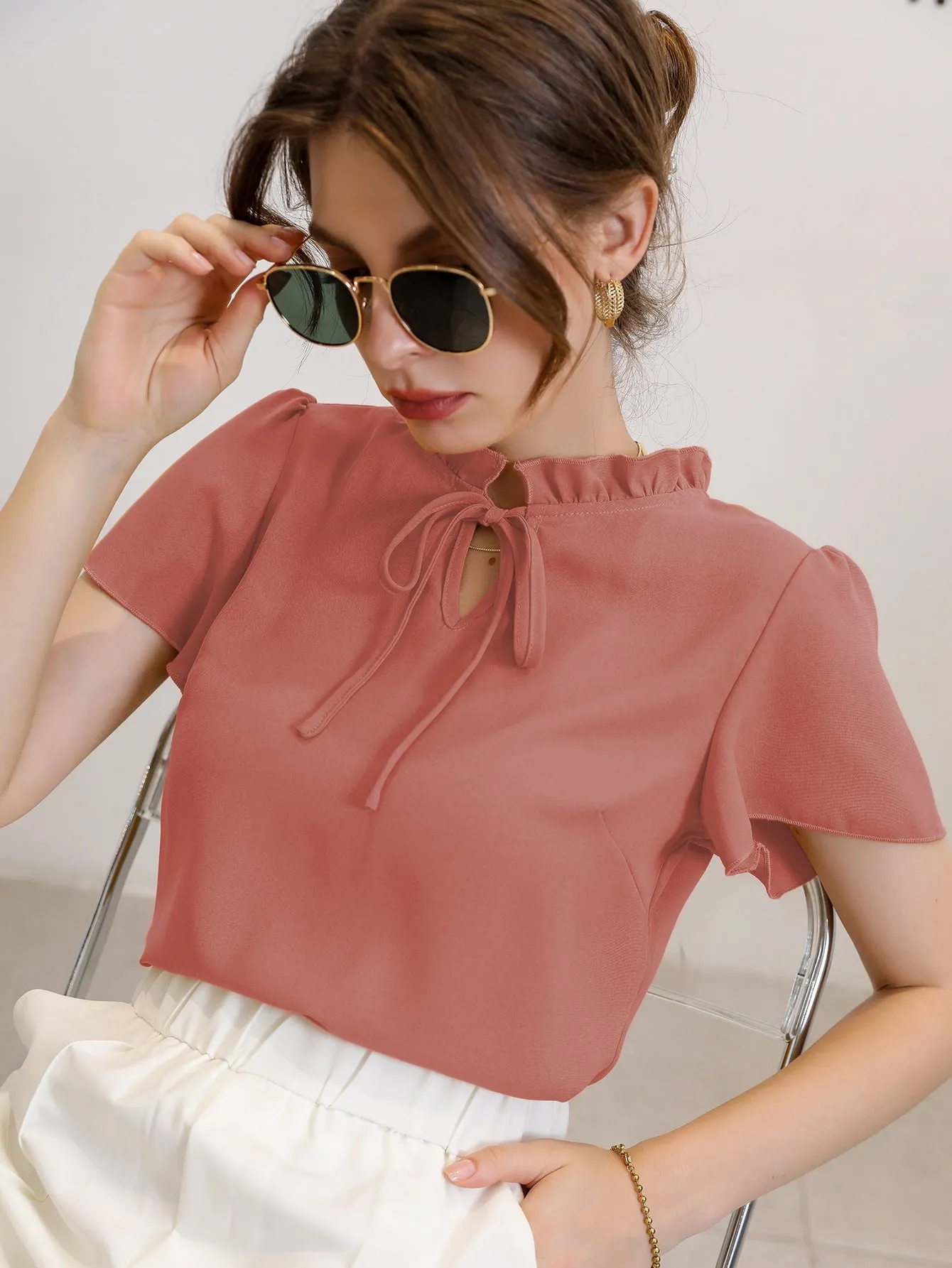 Tie Neck Puff Sleeve Blouse