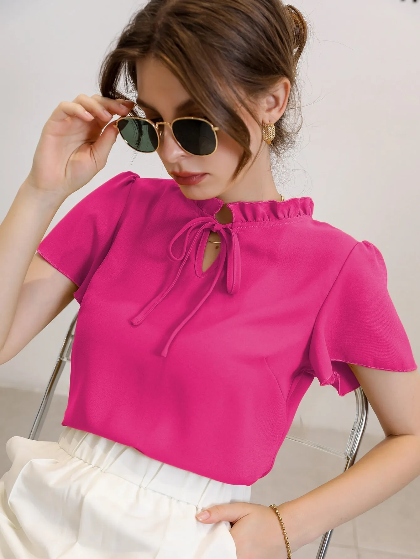 Tie Neck Puff Sleeve Blouse