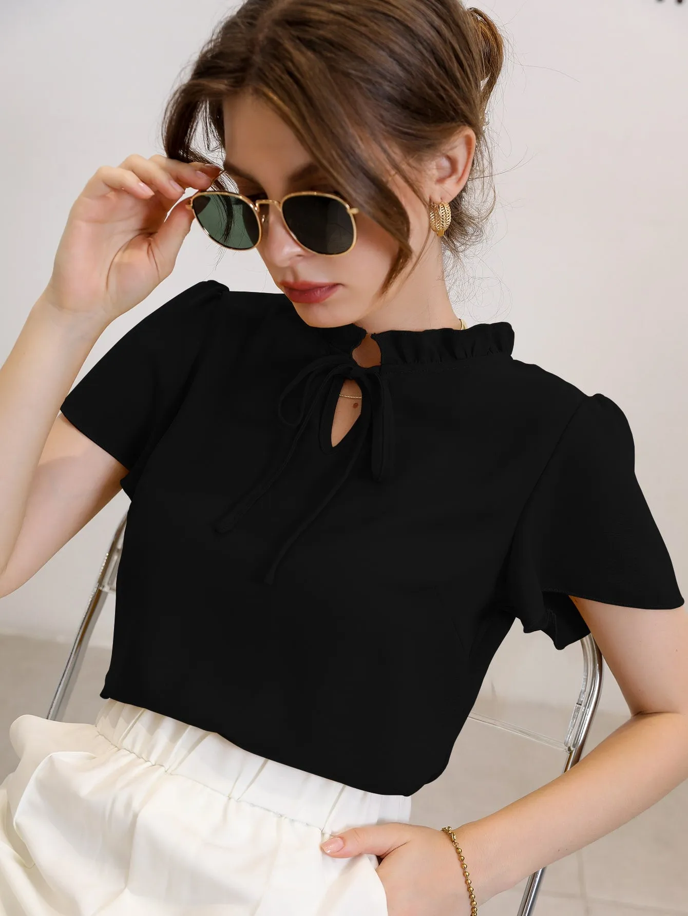 Tie Neck Puff Sleeve Blouse