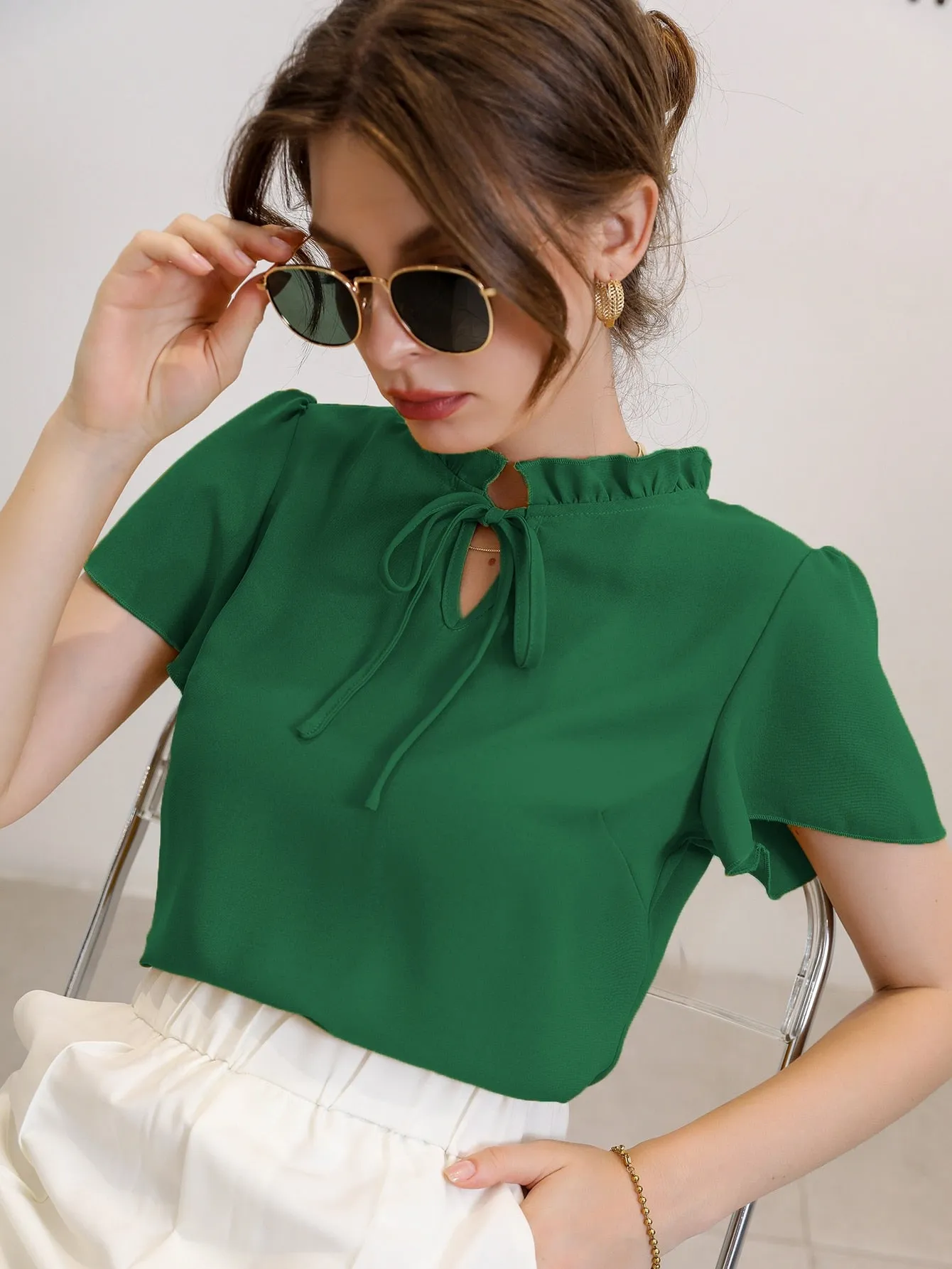 Tie Neck Puff Sleeve Blouse