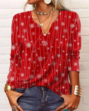 V-neck Elegant Blouse with Snowflake