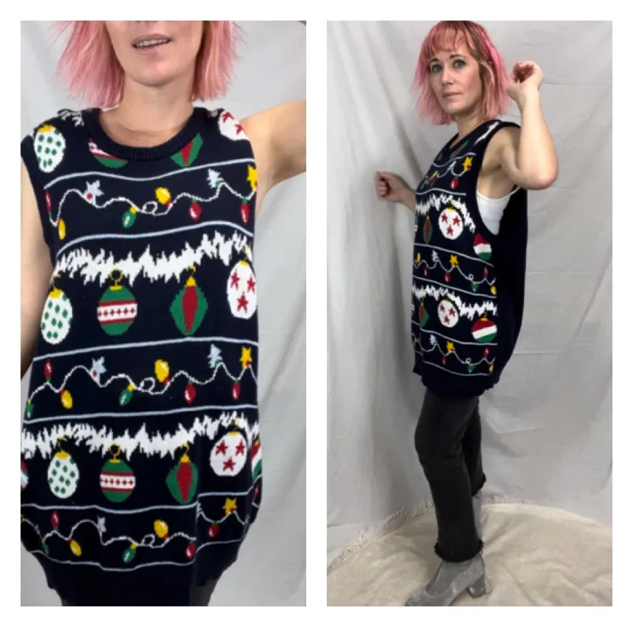 Vintage 90s Y2K | Navy BlueFestive Tacky Ugly Christmas Sweater Vest | Size L