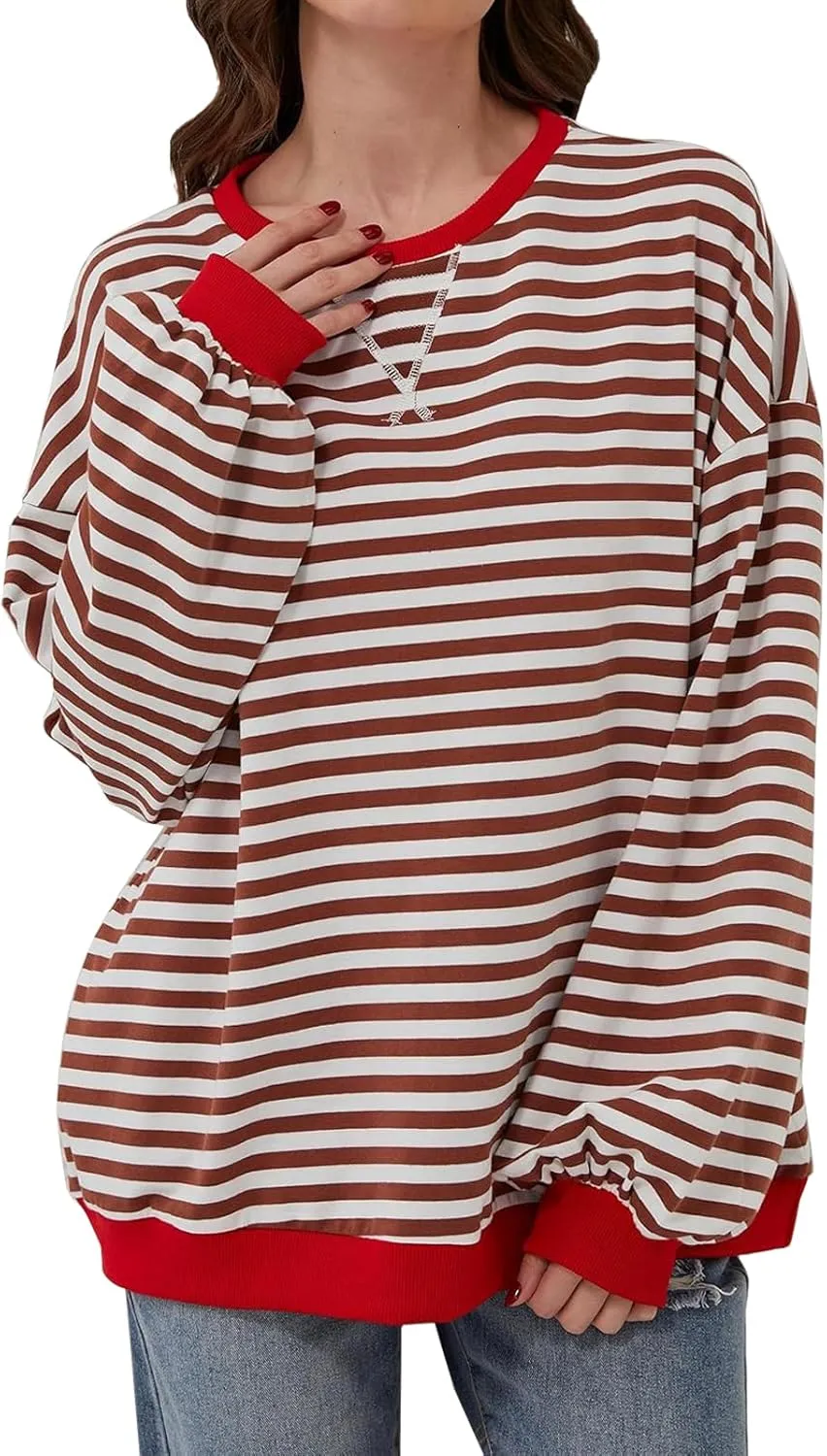 VUTRU Women Striped Oversized Sweatshirt Crewneck Long Sleeve Shirts Hoodies Casual Loose Pullover Top 2024 Fall Clothes