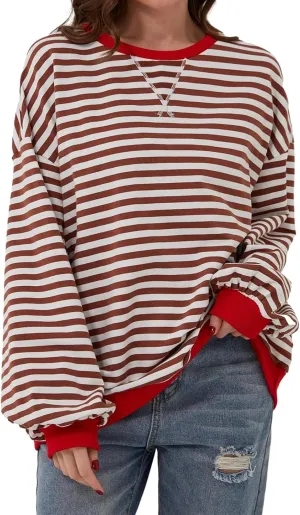 VUTRU Women Striped Oversized Sweatshirt Crewneck Long Sleeve Shirts Hoodies Casual Loose Pullover Top 2024 Fall Clothes