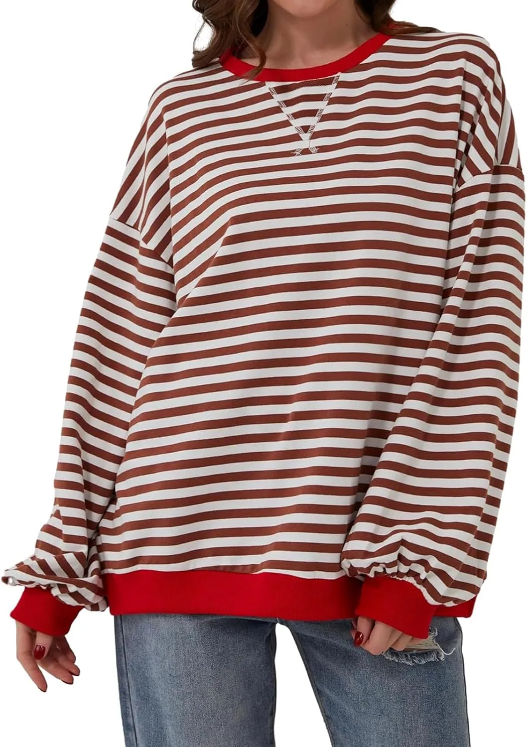 VUTRU Women Striped Oversized Sweatshirt Crewneck Long Sleeve Shirts Hoodies Casual Loose Pullover Top 2024 Fall Clothes