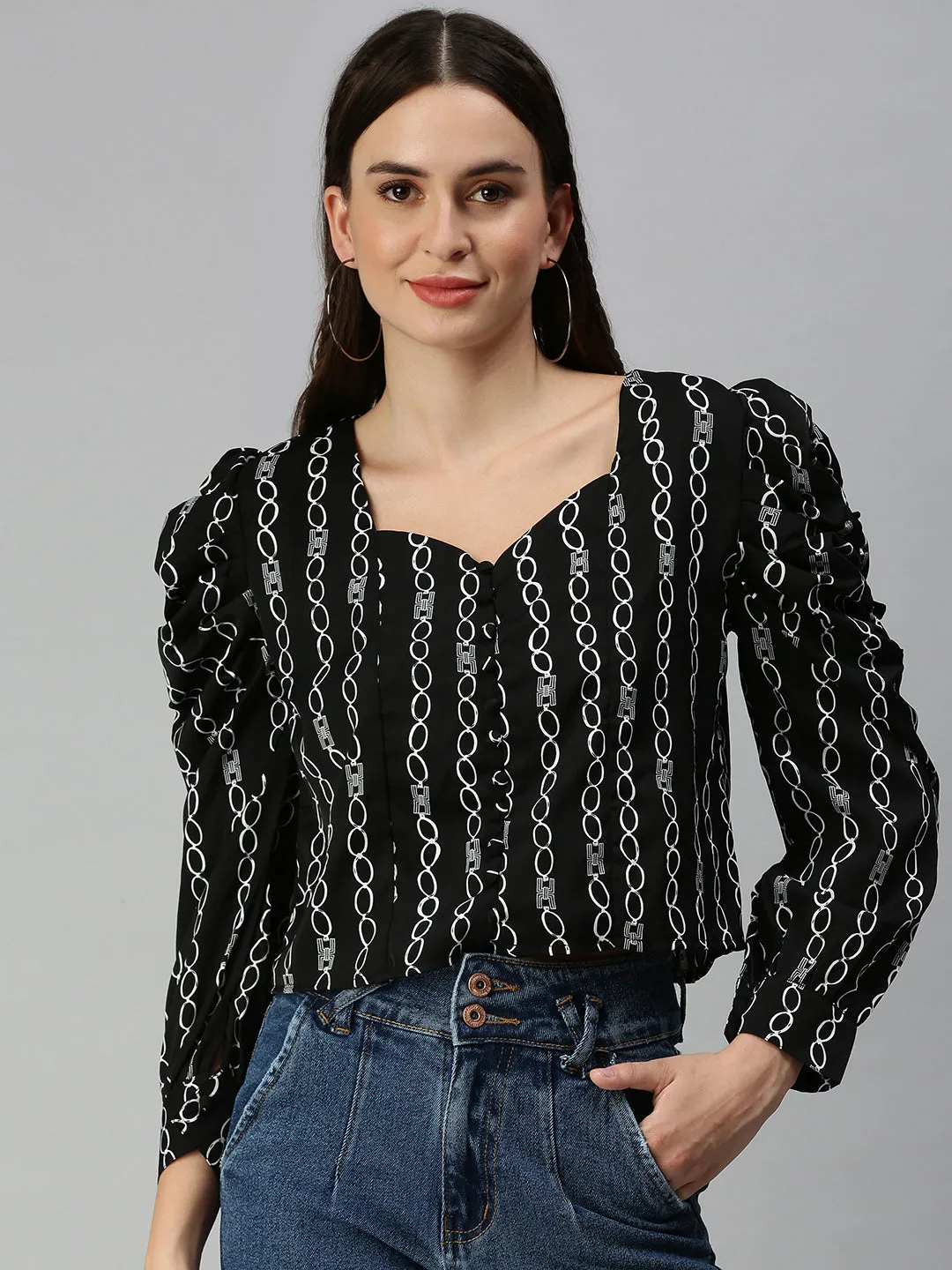Women Black Geometric Printed Sweetheart Neck Crepe Top