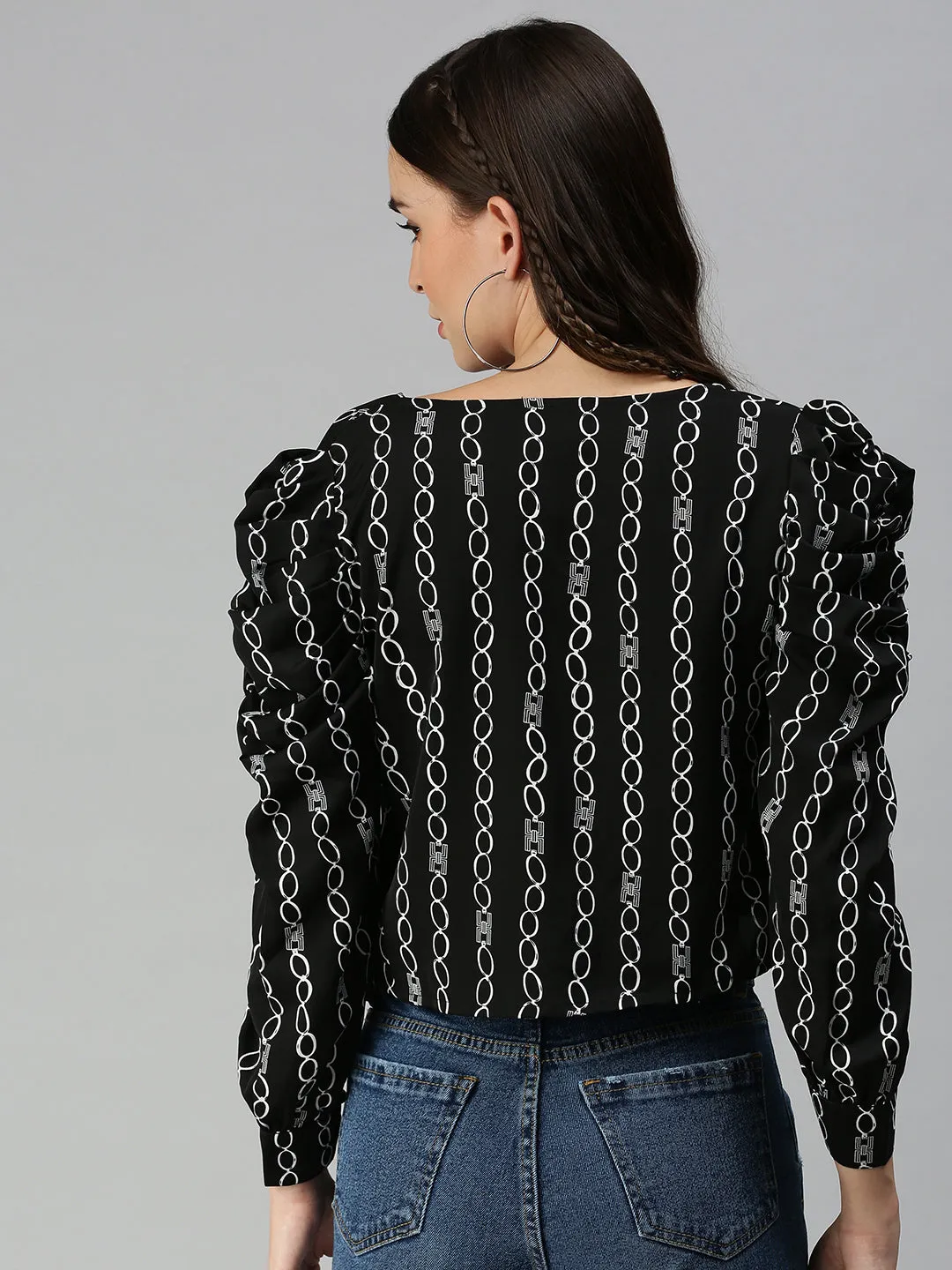 Women Black Geometric Printed Sweetheart Neck Crepe Top