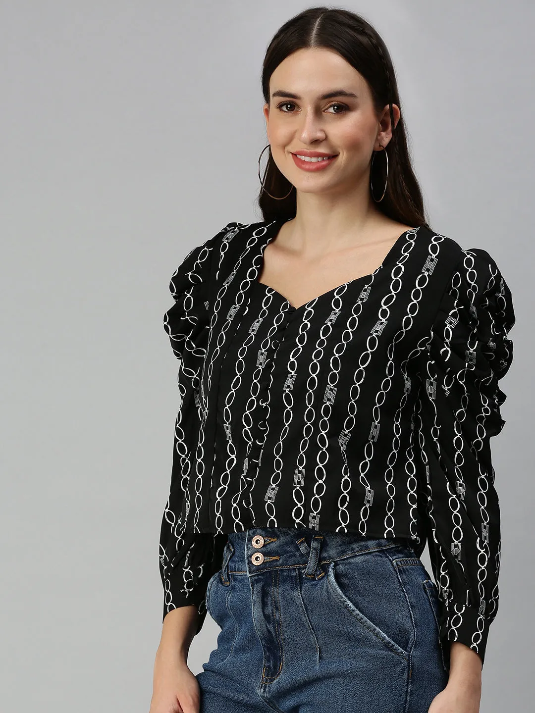 Women Black Geometric Printed Sweetheart Neck Crepe Top