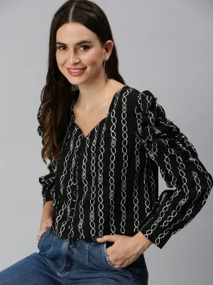 Women Black Geometric Printed Sweetheart Neck Crepe Top