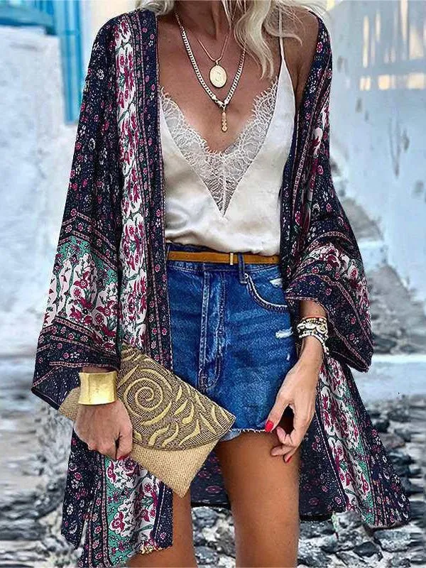 Women's Cardigans Casual Vintage Print Doll Sleeve Cardigan