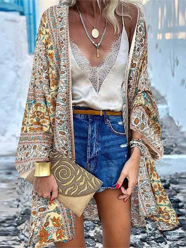 Women's Cardigans Casual Vintage Print Doll Sleeve Cardigan