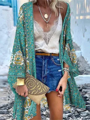 Women's Cardigans Casual Vintage Print Doll Sleeve Cardigan