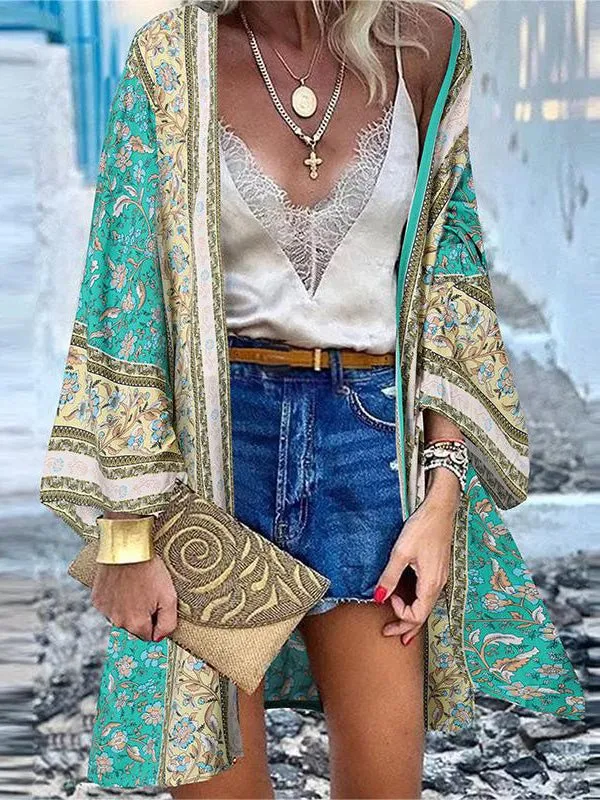 Women's Cardigans Casual Vintage Print Doll Sleeve Cardigan