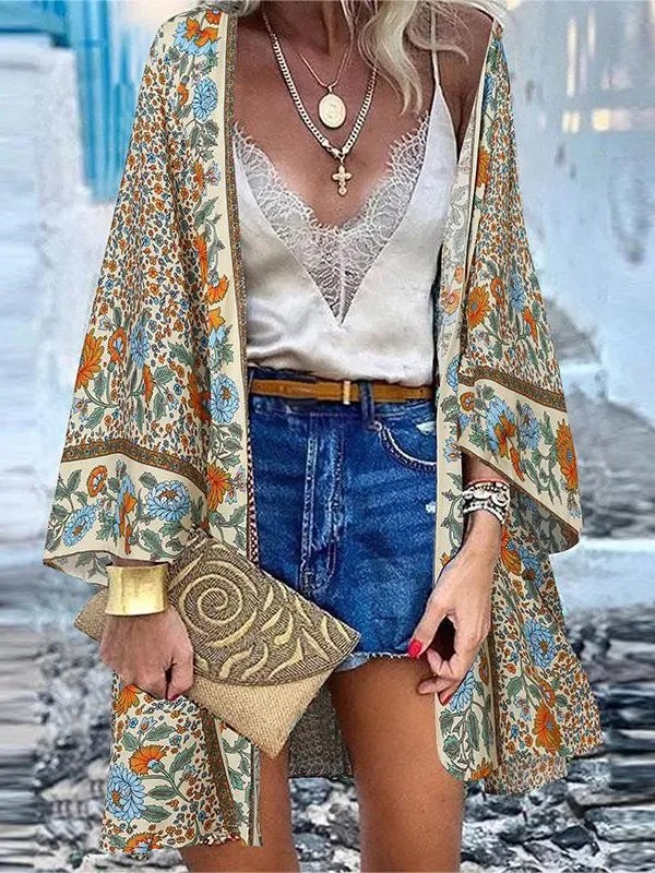 Women's Cardigans Casual Vintage Print Doll Sleeve Cardigan