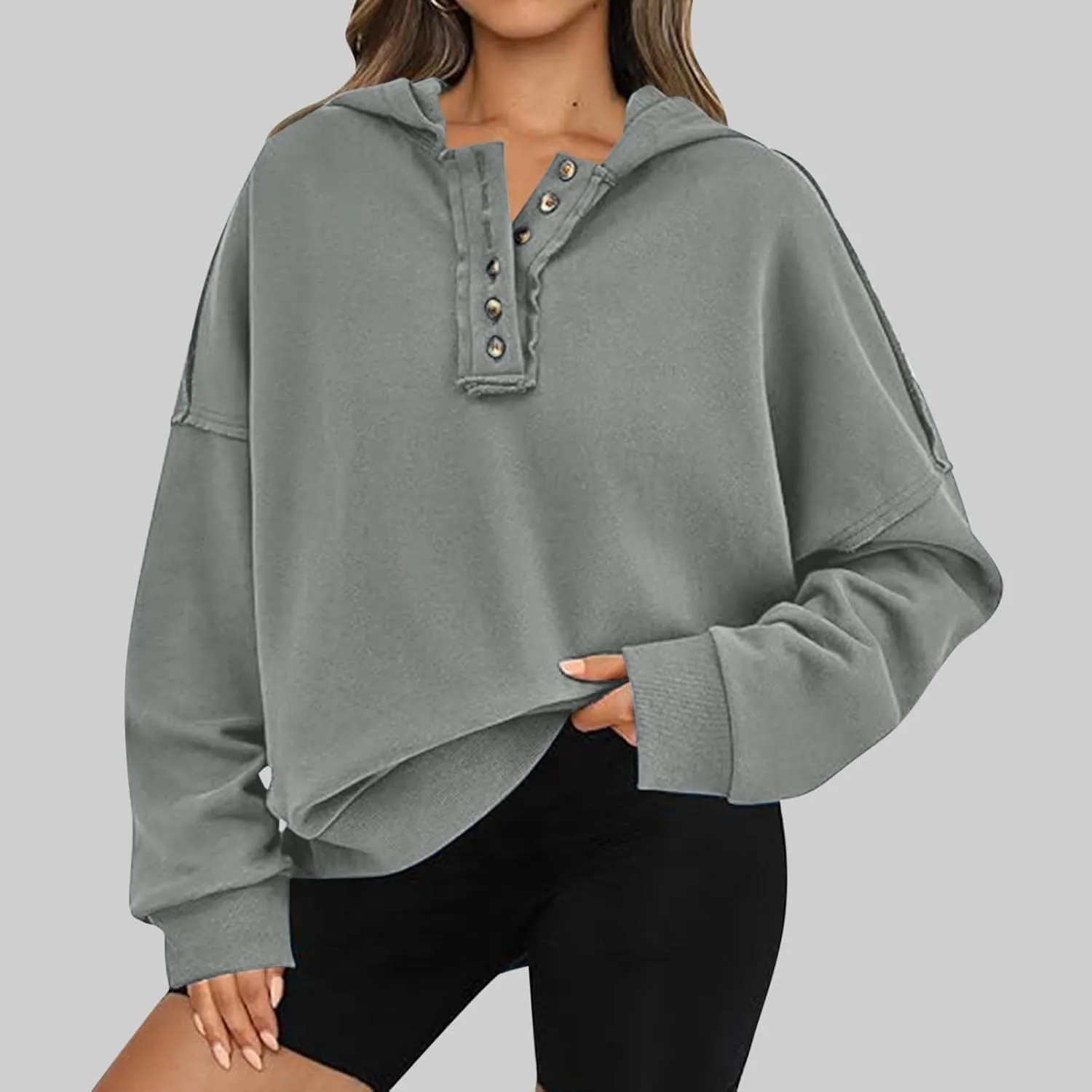 Womens Oversized Hoodies Button Down Long Sleeve Hooded Sweatshirts Fashion Solid Color Pullover Tops Fall Clothes 2024