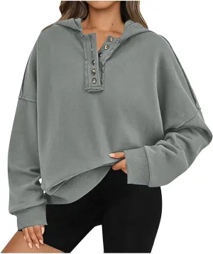 Womens Oversized Hoodies Button Down Long Sleeve Hooded Sweatshirts Fashion Solid Color Pullover Tops Fall Clothes 2024