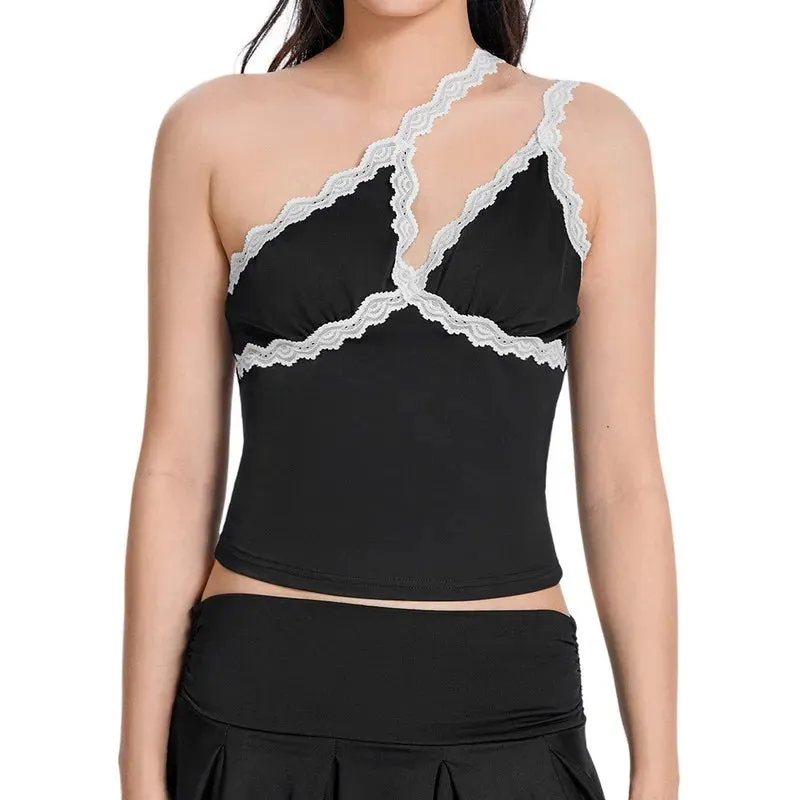 Y2K Trendy Lace Accented Black Camisole