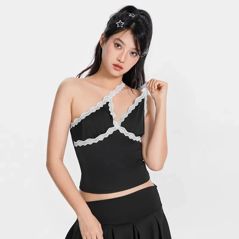 Y2K Trendy Lace Accented Black Camisole