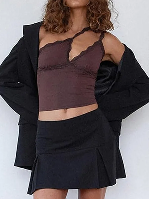 Y2K Trendy Lace Accented Black Camisole