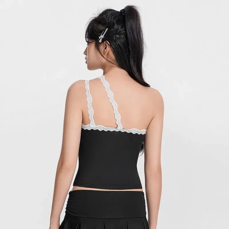 Y2K Trendy Lace Accented Black Camisole