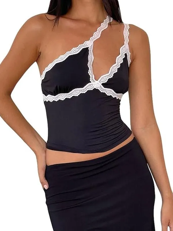 Y2K Trendy Lace Accented Black Camisole