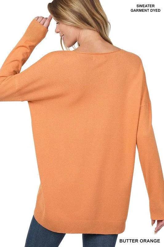 Zenana Hi-Low Garment Dyed V-Neck Front Seam Sweater