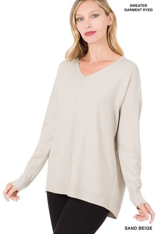 Zenana Hi-Low Garment Dyed V-Neck Front Seam Sweater